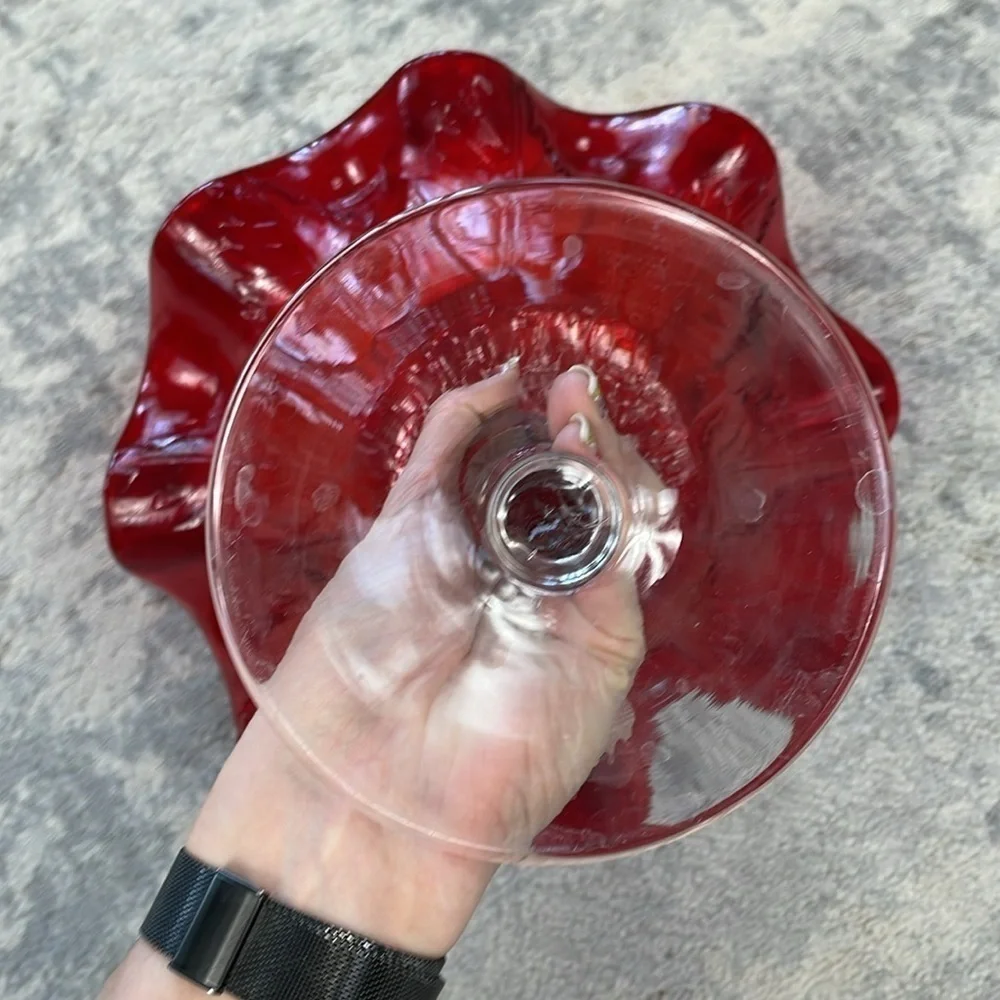 Red Leaf Imprint Ruffled Footed Glass Candy Dish Stand Clear
